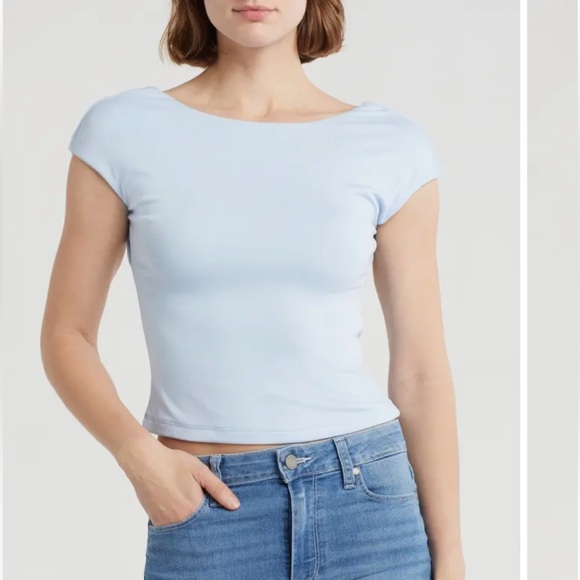 Open Back Baby Tee Baby Blue Top | Soft Girl Y2K Minimal Tee L NWT Low Back - Picture 3 of 9